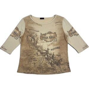 Candy Rain The Wild West Graphic Print 3/4 Sleeve Top Brown Tan Scoop Neck